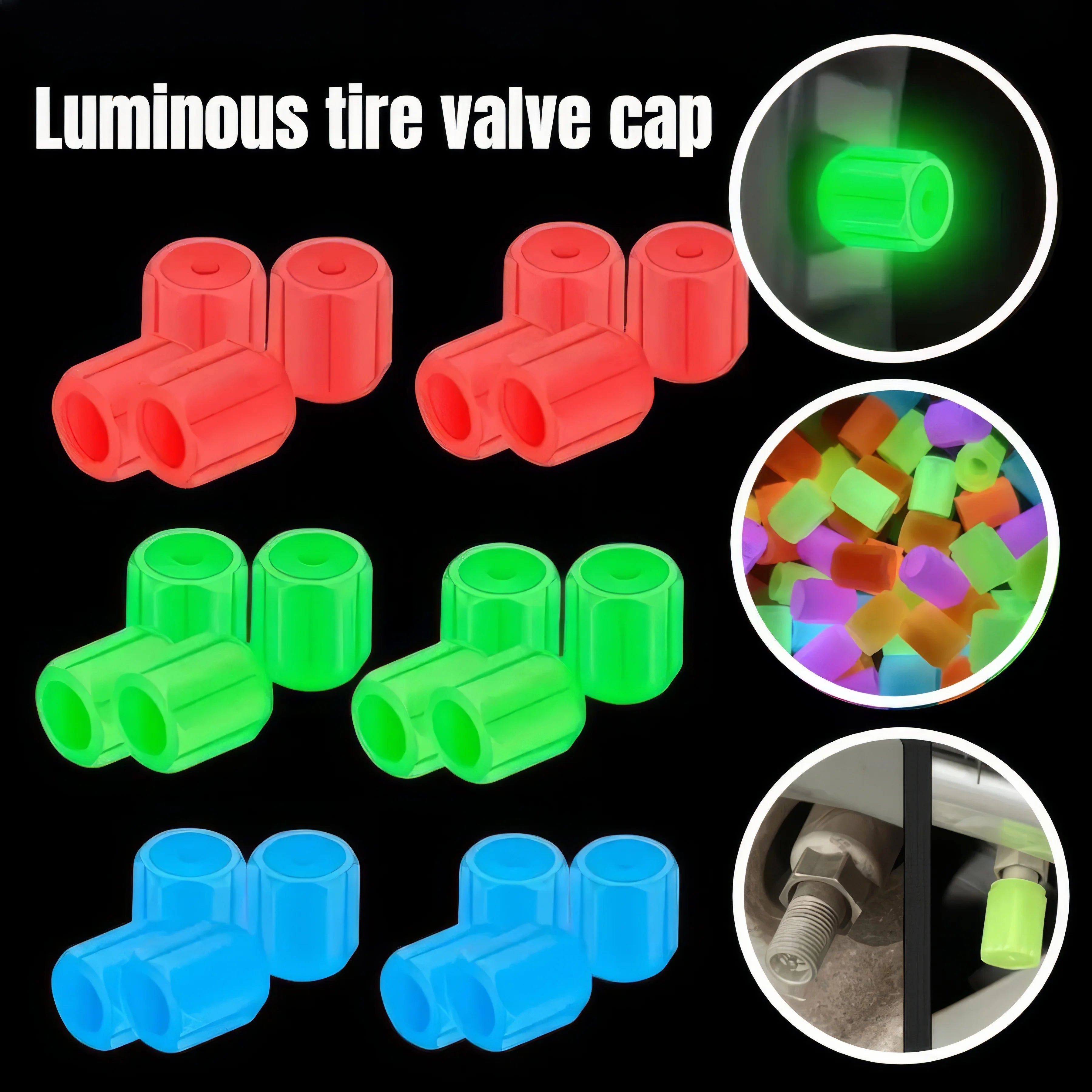 4 Pieces of Luminous Tire Valve Caps Green/blue/red, Durable Valve Covers, Luminous Caps, Suitable for Night Driving