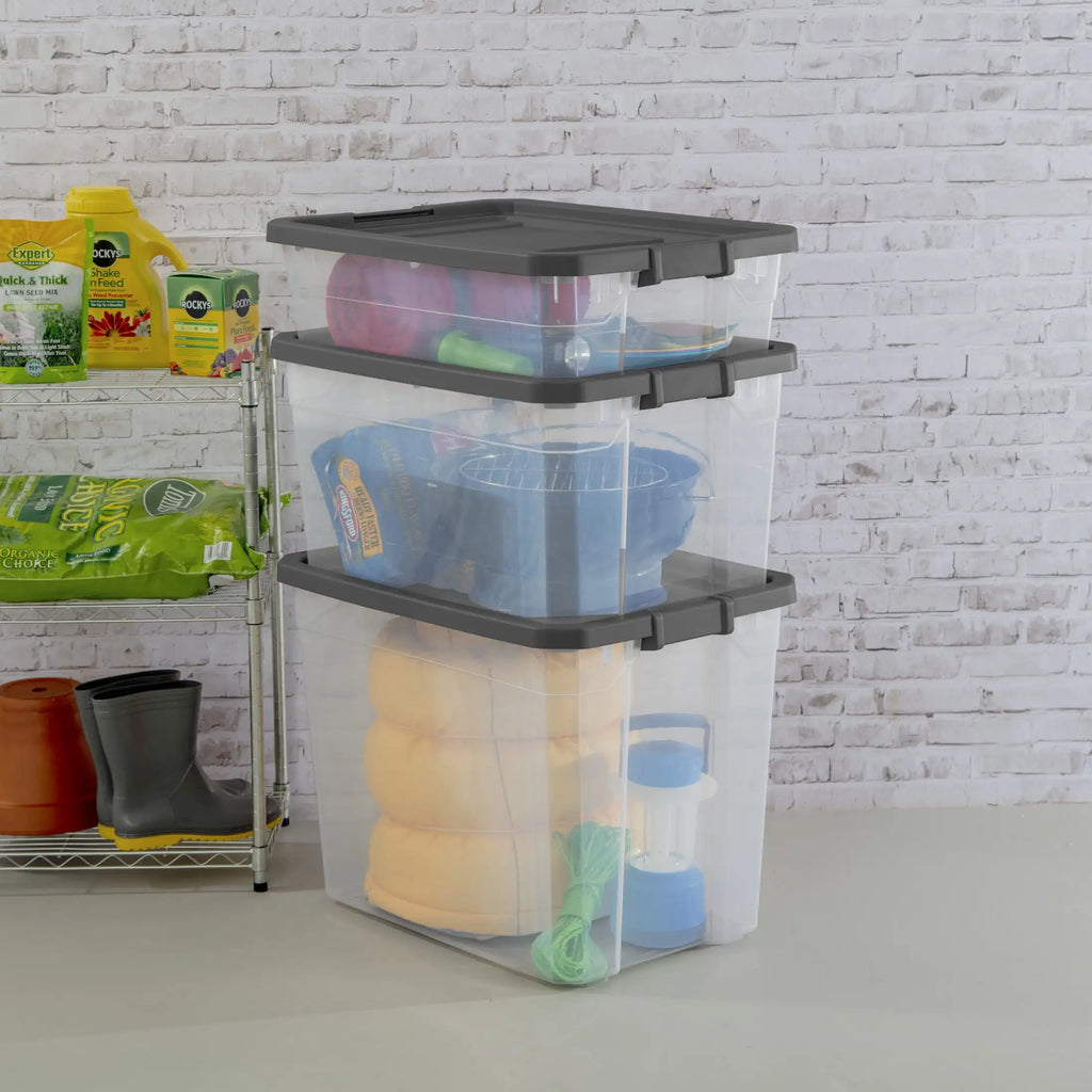 (2 pack) Sterilite 76 Quart Stacker Box, Durable Clear Plastic Storage Bin with Latch Lid, Dark Gray