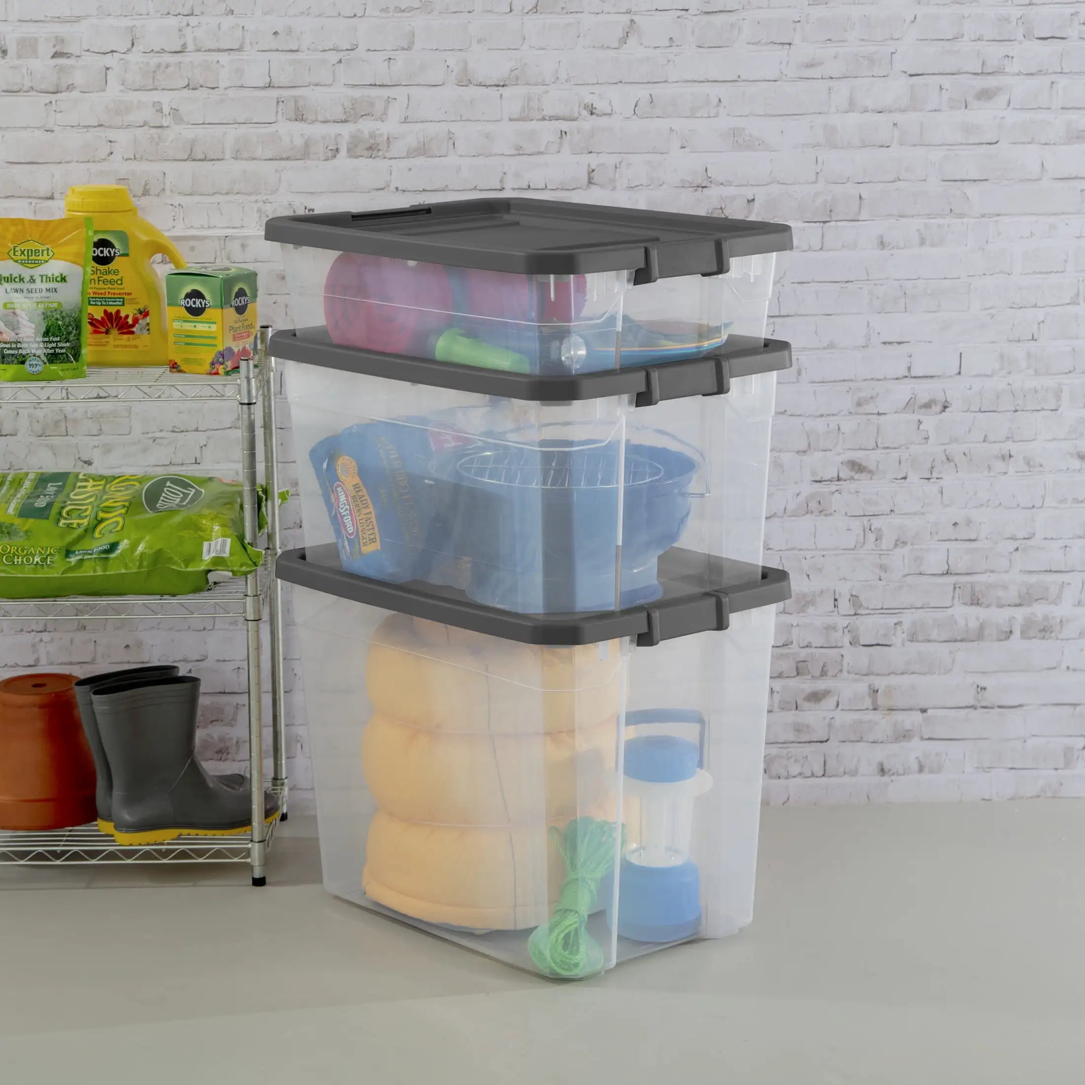 (2 pack) Sterilite 76 Quart Stacker Box, Durable Clear Plastic Storage Bin with Latch Lid, Dark Gray