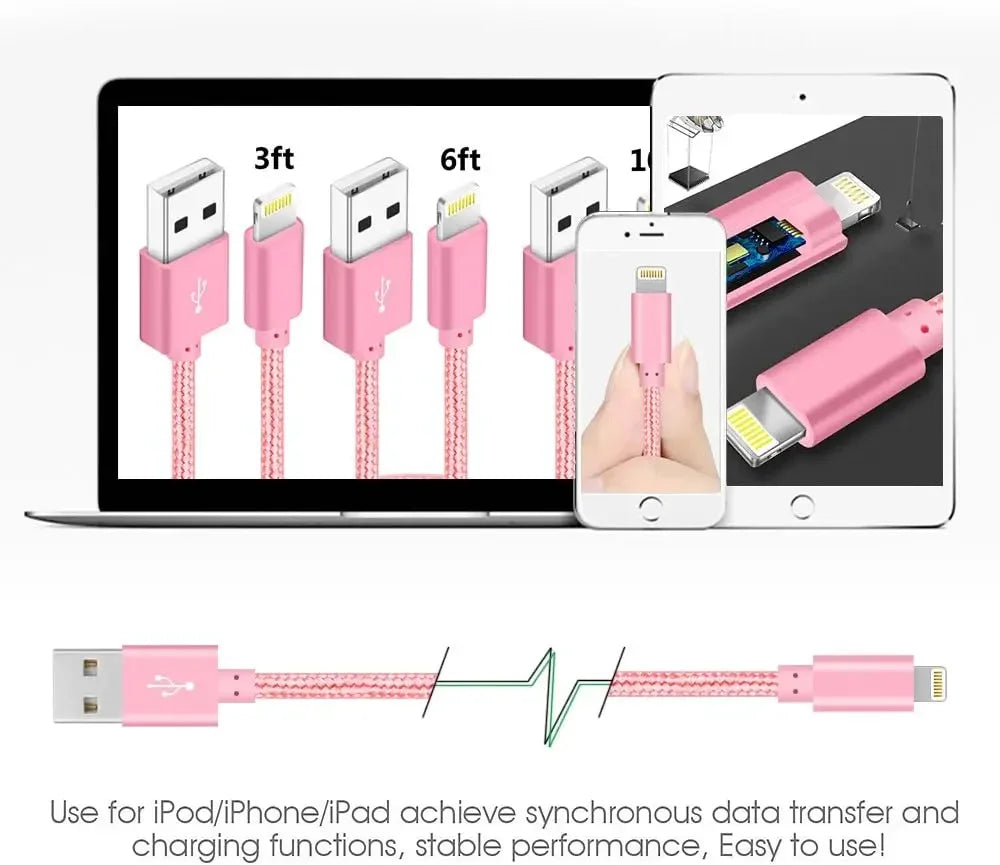 4-Pack Pink USB Charging Cable Set 3ft 6ft 6ft 10ft Nylon Braided for iPhone