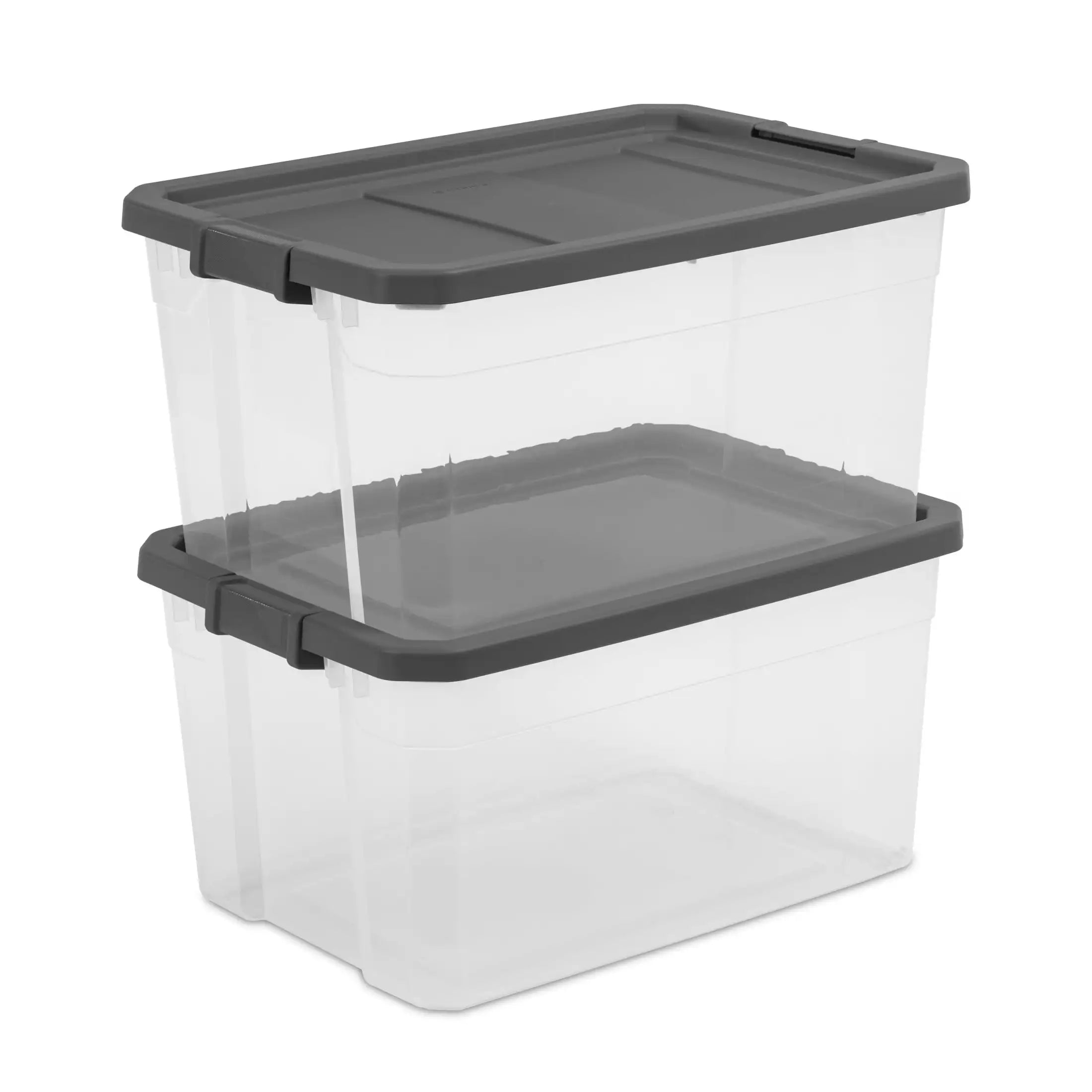 (2 pack) Sterilite 76 Quart Stacker Box, Durable Clear Plastic Storage Bin with Latch Lid, Dark Gray