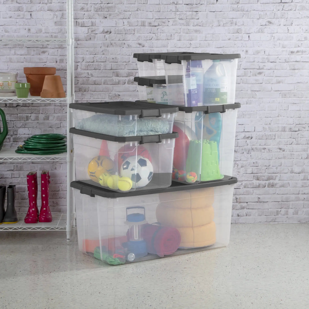 (2 pack) Sterilite 76 Quart Stacker Box, Durable Clear Plastic Storage Bin with Latch Lid, Dark Gray