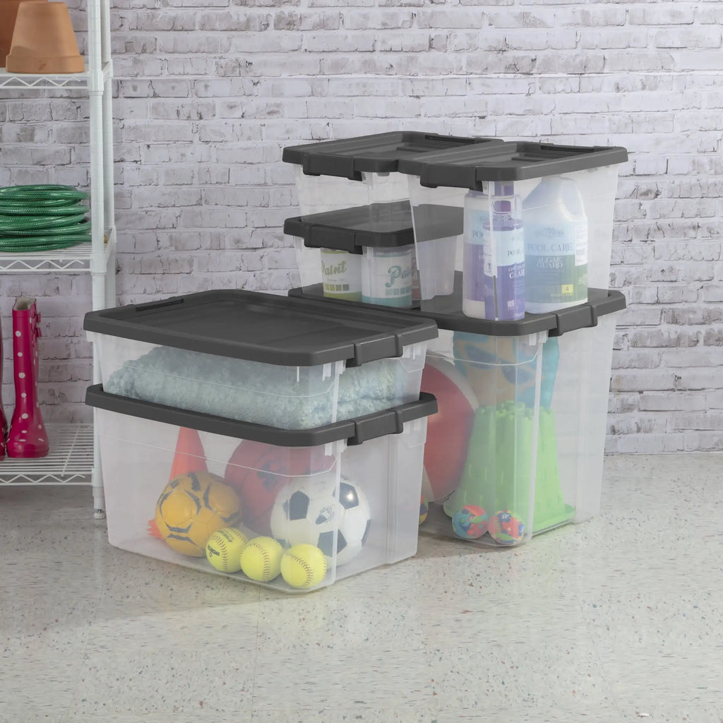 (2 pack) Sterilite 76 Quart Stacker Box, Durable Clear Plastic Storage Bin with Latch Lid, Dark Gray