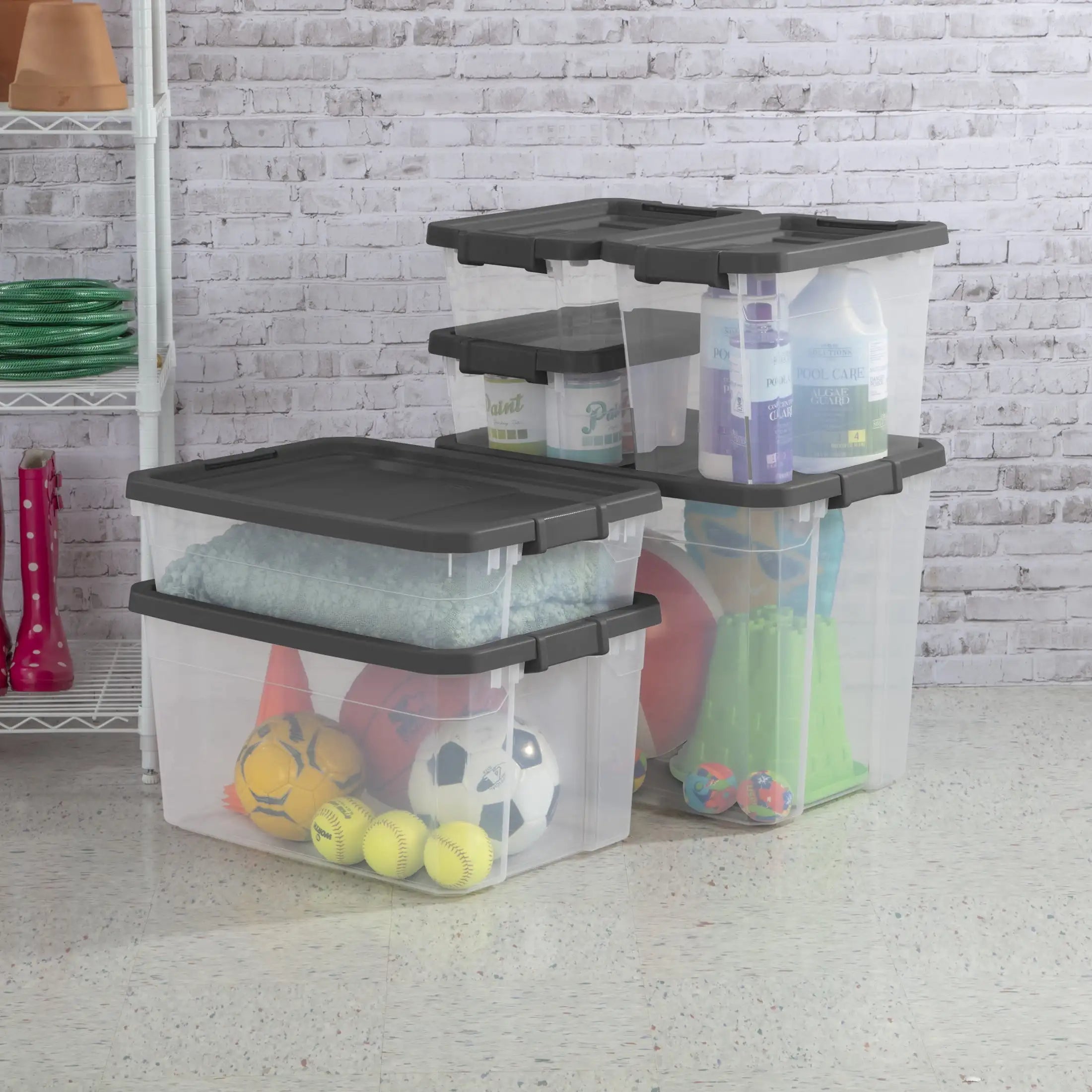 (2 pack) Sterilite 76 Quart Stacker Box, Durable Clear Plastic Storage Bin with Latch Lid, Dark Gray